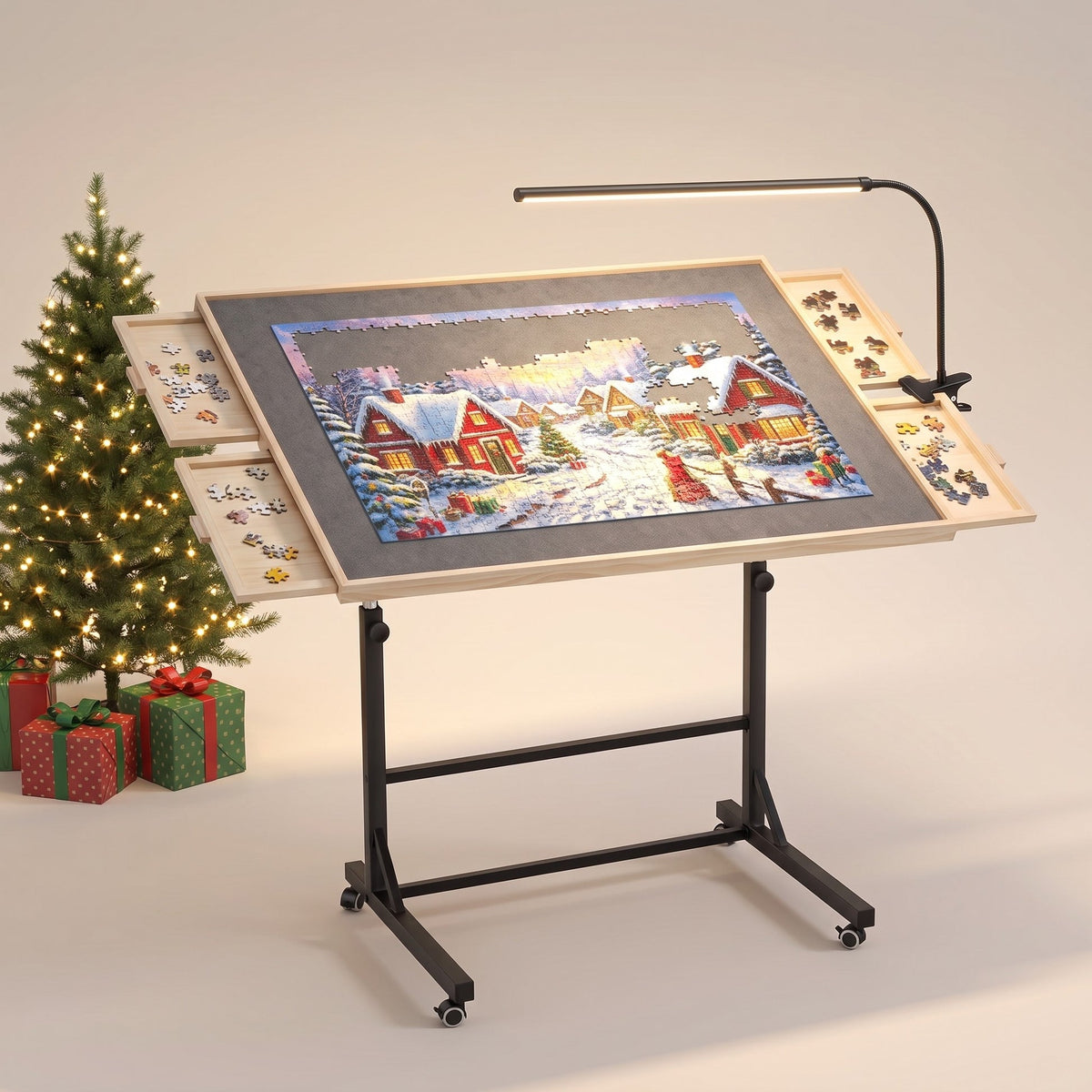 PuzzlePerch rolling puzzle table with LED light and four side drawers, next to a Christmas tree