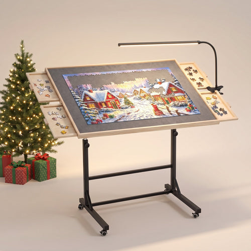PuzzlePerch rolling puzzle table with LED light and four side drawers, next to a Christmas tree