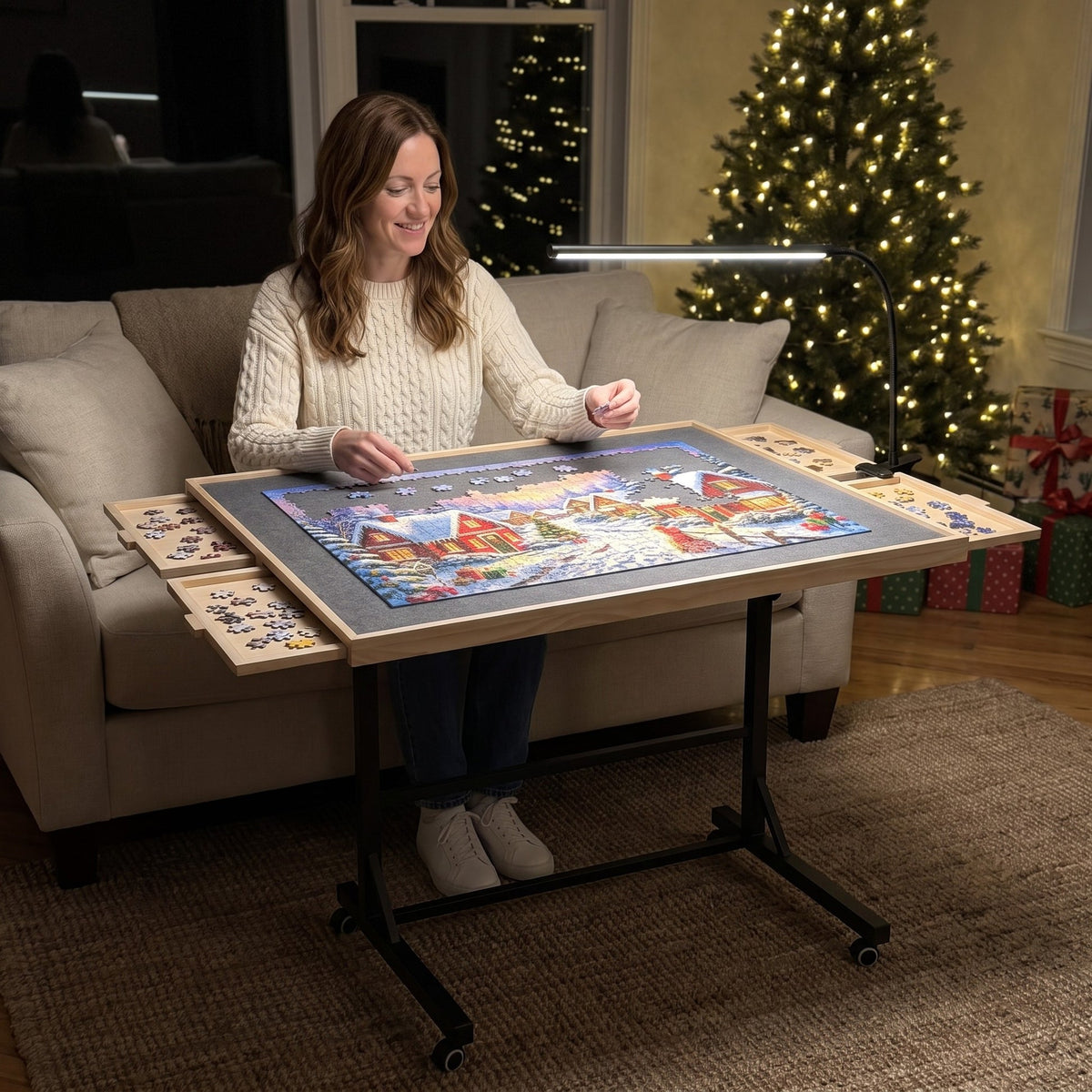 Evening puzzle on the sofa with the LED light on