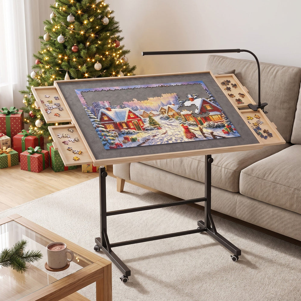 PuzzlePerch table parked beside the sofa with the puzzle still on it